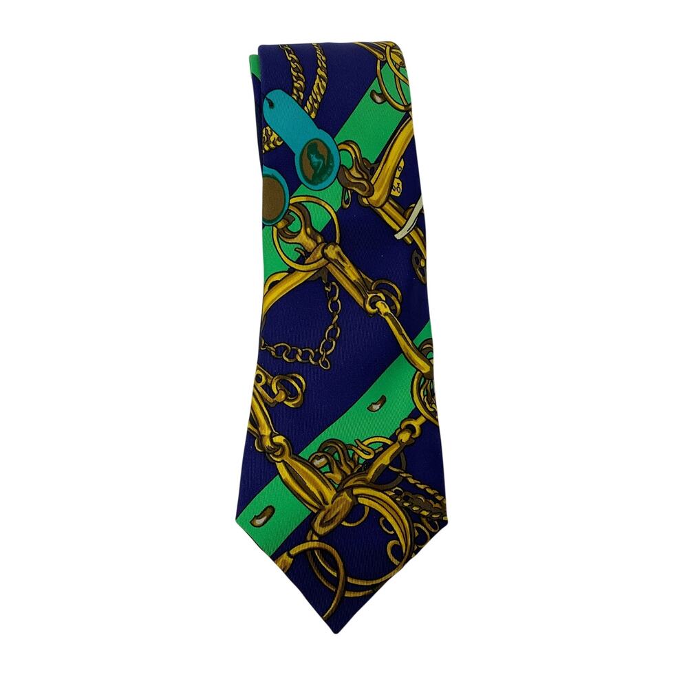 Hermes Paris 100% Silk Tie Blue Green Gold Equestrian Bit Chain Made In France